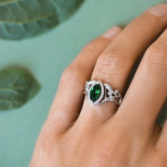 ❤Emerald Marquis Gem Leaf Weave Silver Noble Rings for Women, MARR9098 - Picture 6 of 8